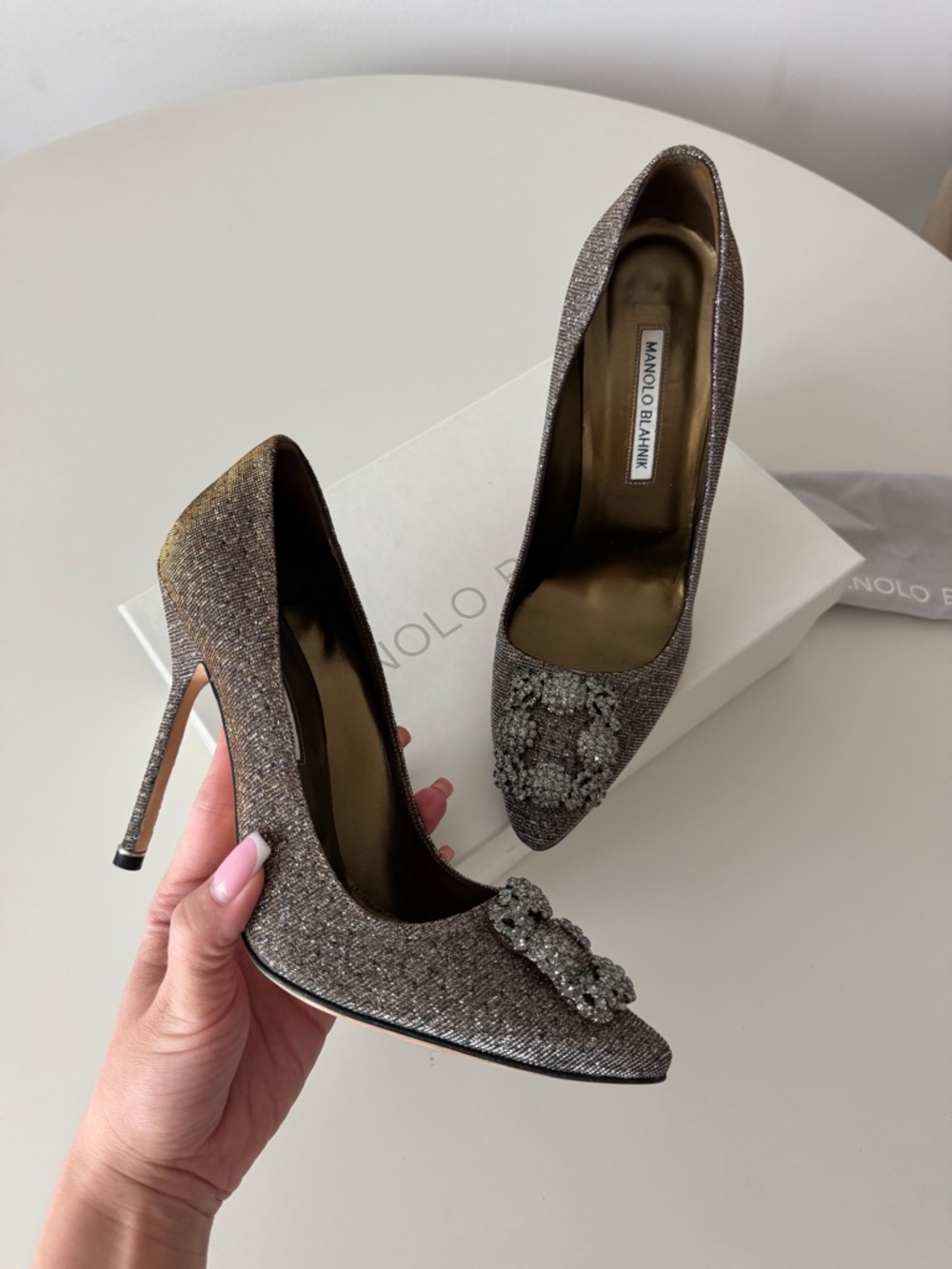 Manolo Blahnik Metallic Bronze Pointed-Toe Pumps with Crystal Embellishment - Picture 7 of 10